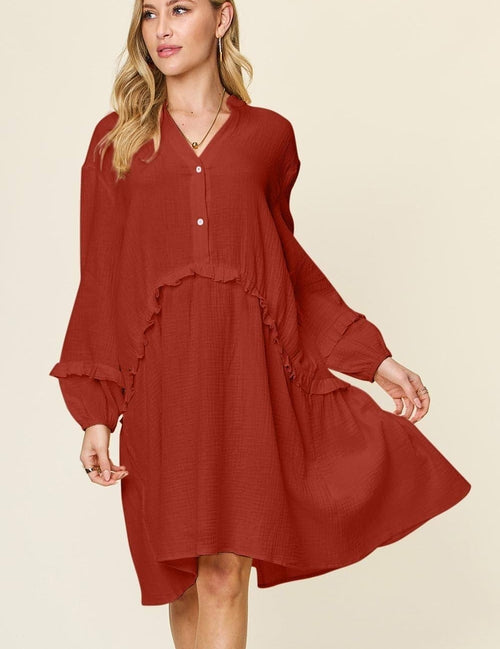 Double Take Full Size Texture Half Button Ruffle Trim Dress