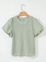 Stripe Textured Round Neck Short Puff Sleeve Blouse