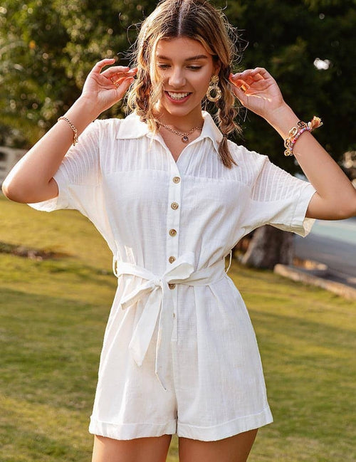 Pure Color Short-sleeved Lapel Tie Jumpsuit Casual Jumpsuit Women