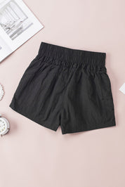 Black Elastic High Waist Side Pockets Shorts
