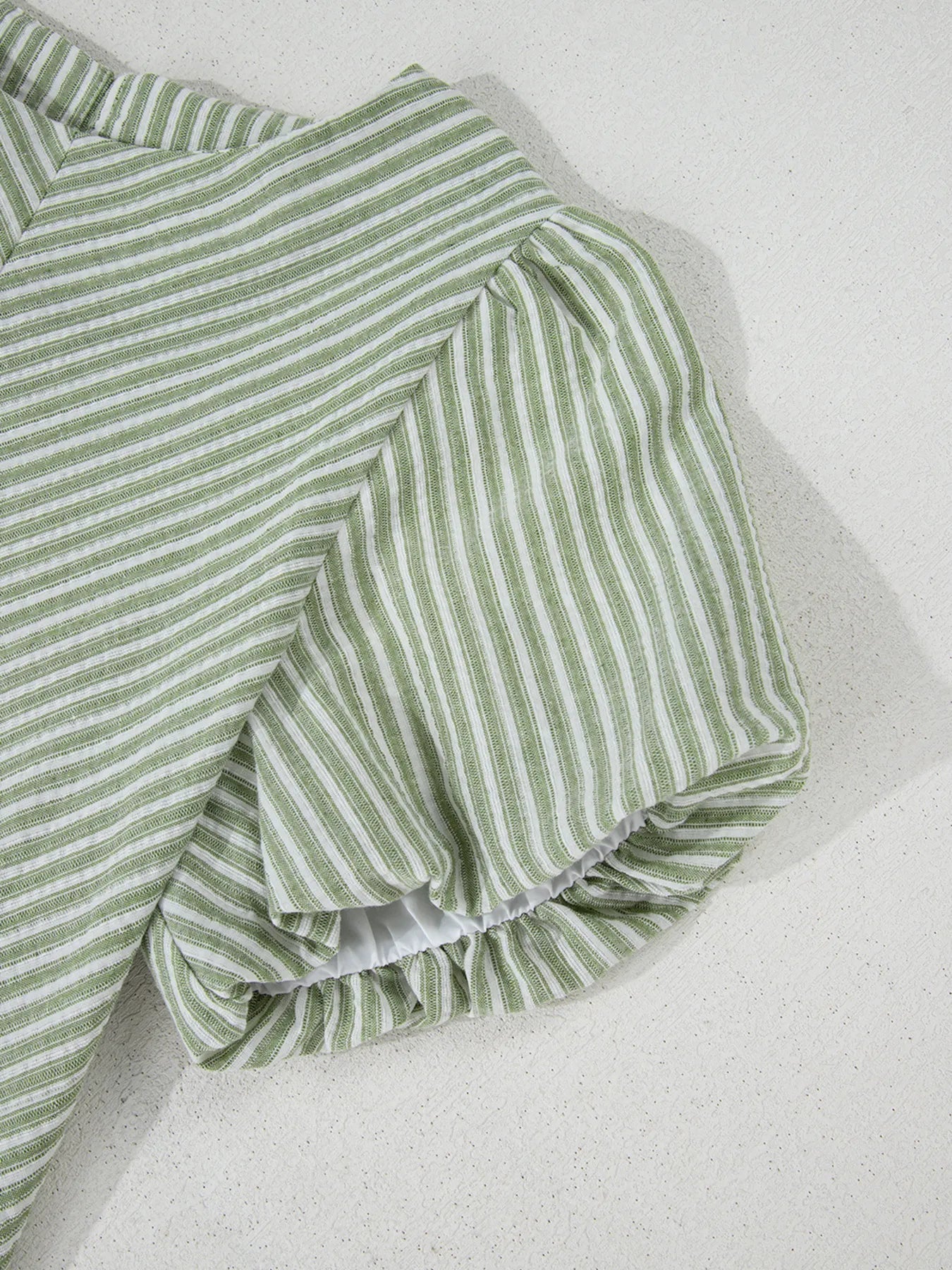 Stripe Textured Round Neck Short Puff Sleeve Blouse