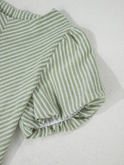 Stripe Textured Round Neck Short Puff Sleeve Blouse
