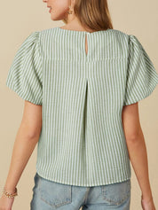 Stripe Textured Round Neck Short Puff Sleeve Blouse