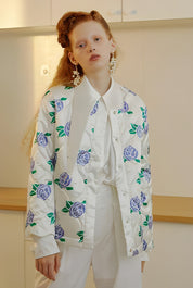 Original design Loose round neck rose print cotton women autumn and