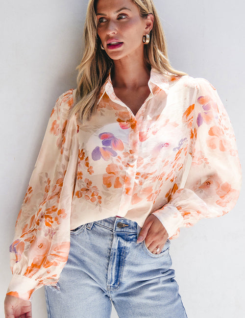 Camisa Floral Suelta con Mangas Globo