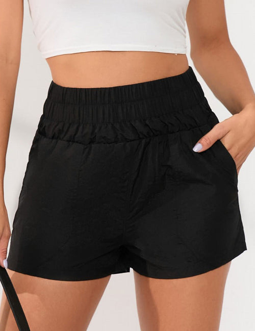 Black Elastic High Waist Side Pockets Shorts