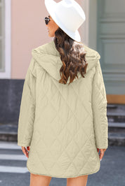 Beige Quilted Snap Button Hooded Coat