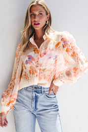 White Floral Print Collared Balloon Sleeve Loose Shirt