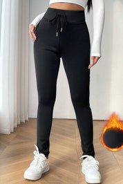 Black Solid Drawstring Waist Thermal Lined Leggings