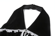 Flounce Trim Lace Up Backless Suede Slim-fit Halter Dress Women
