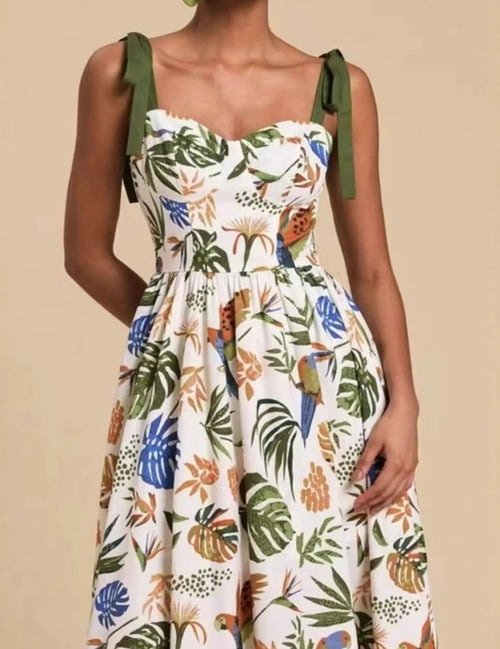 Tropical Print Tie-Shoulder Sweetheart Neck Midi Dress