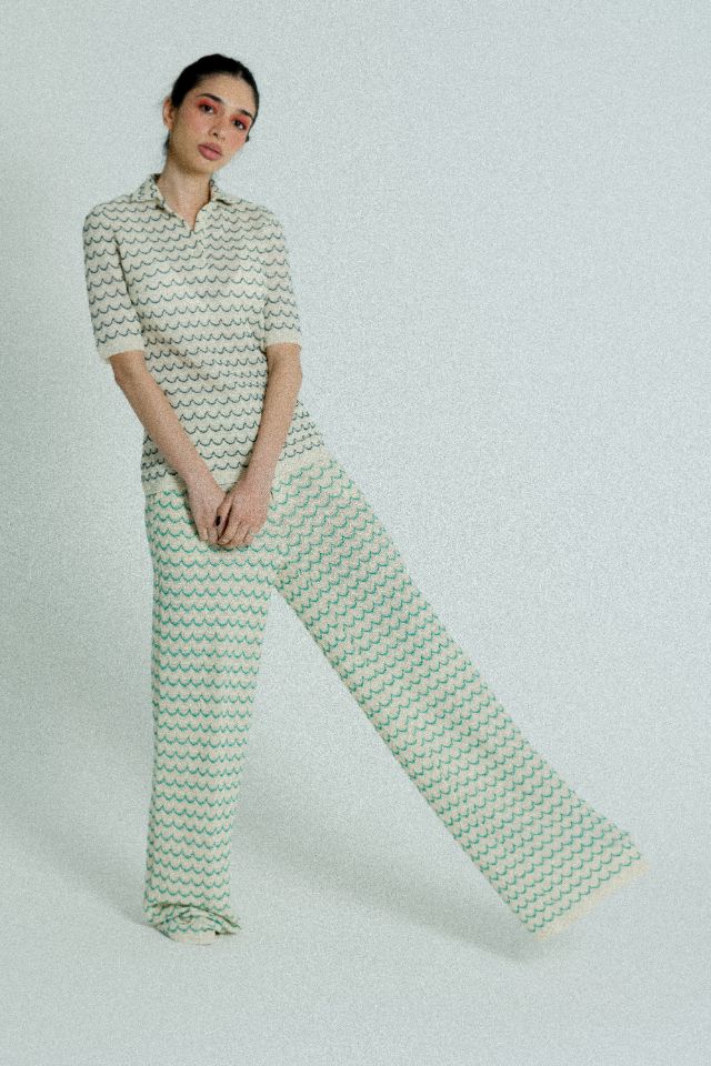 Light Weight Cotton Knit Long Wide Trousers Green