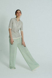 Light Weight Cotton Knit Long Wide Trousers Green