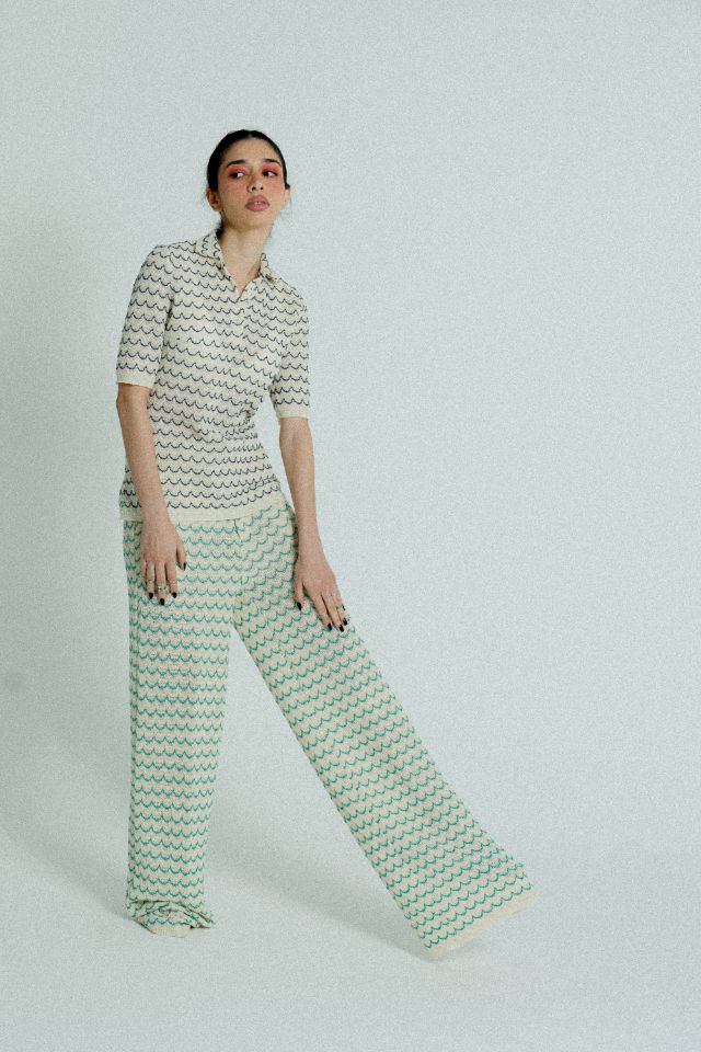 Light Weight Cotton Knit Long Wide Trousers Green
