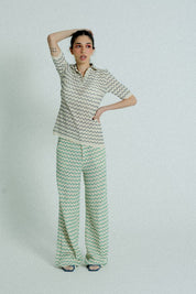 Light Weight Cotton Knit Long Wide Trousers Green