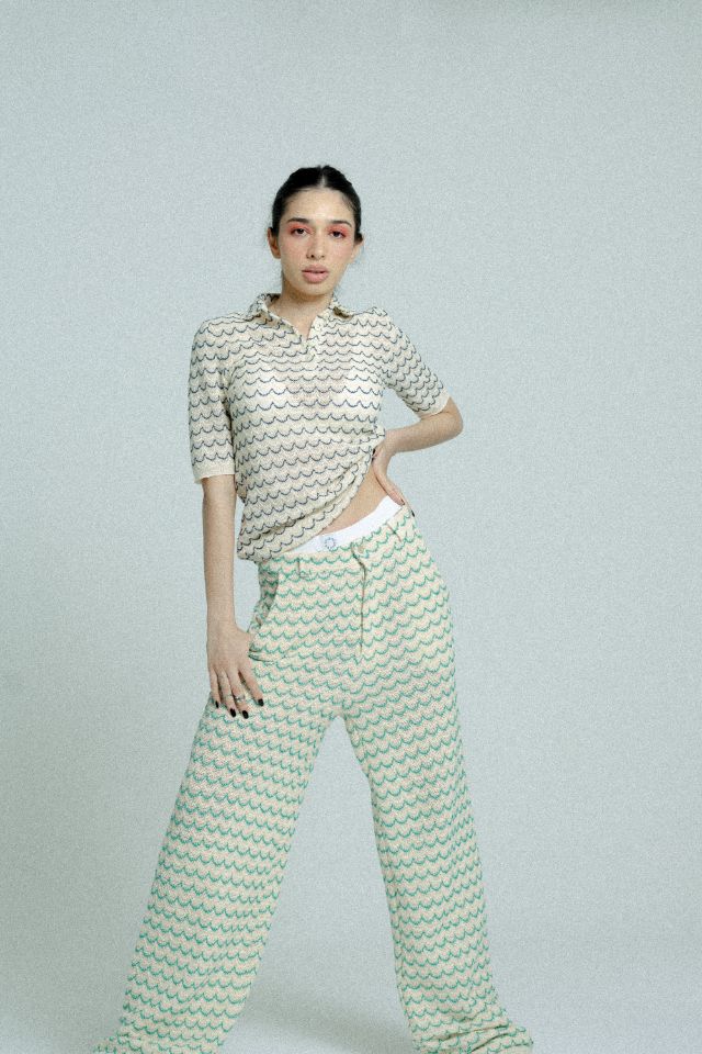 Light Weight Cotton Knit Long Wide Trousers Green