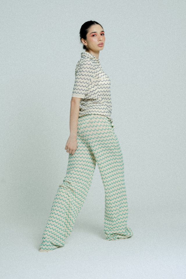 Light Weight Cotton Knit Long Wide Trousers Green