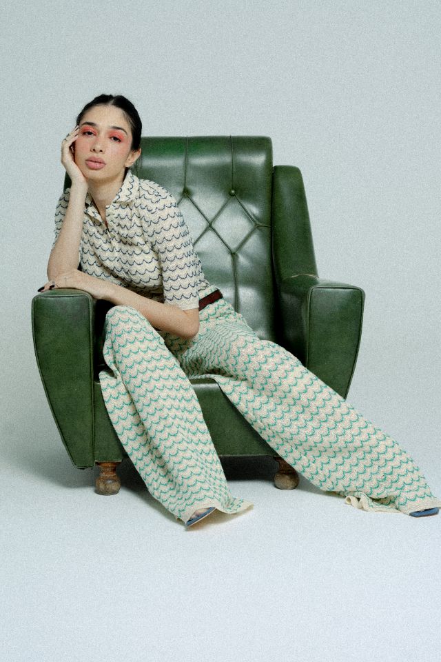 Light Weight Cotton Knit Long Wide Trousers Green