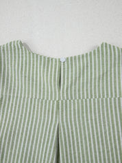 Stripe Textured Round Neck Short Puff Sleeve Blouse