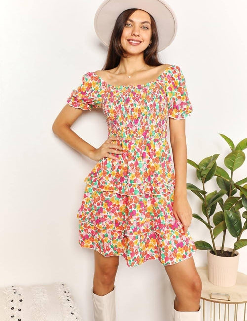 Devine Smocked Sweetheart Neck Flounce Sleeve Mini Dress