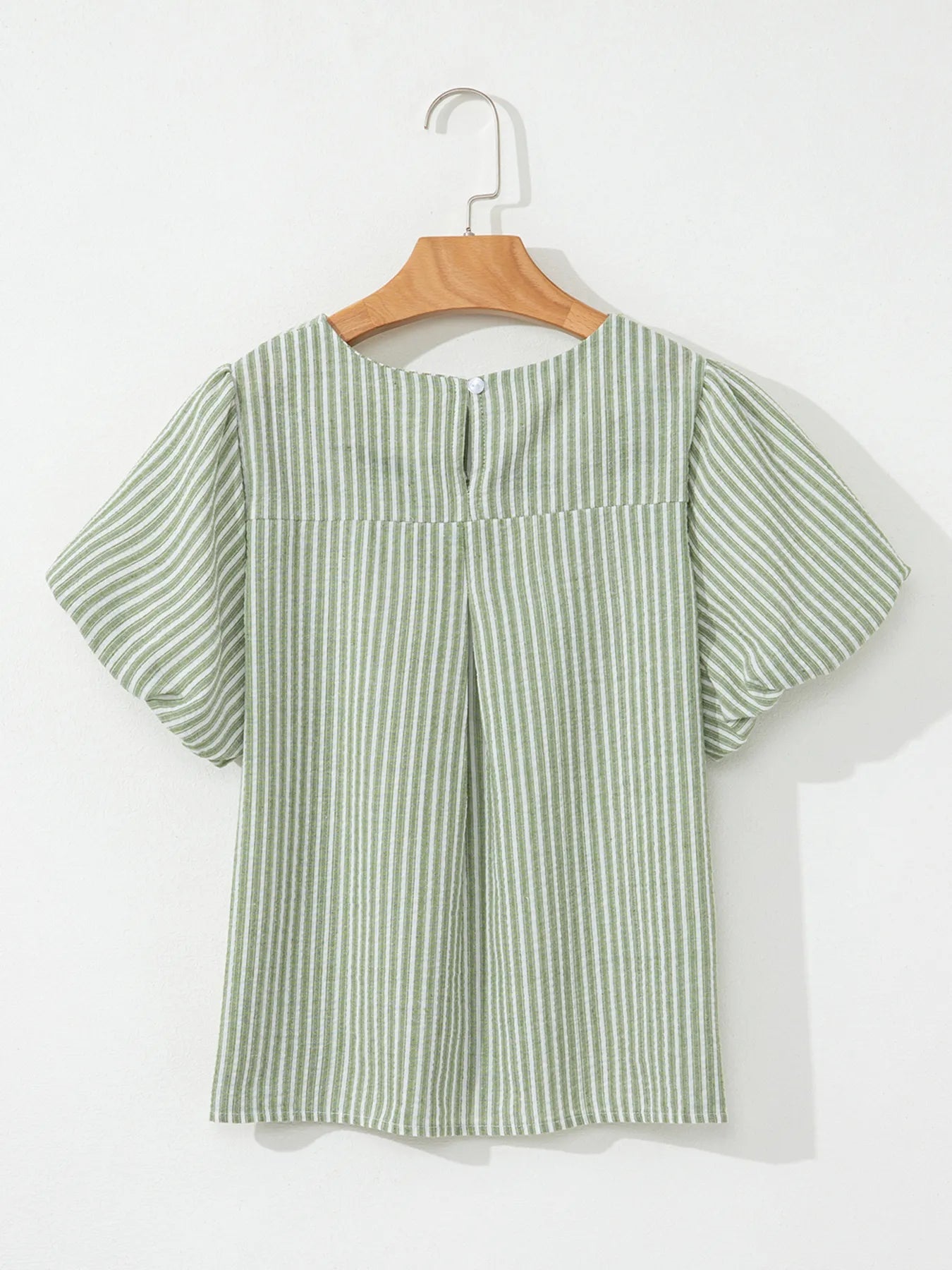 Stripe Textured Round Neck Short Puff Sleeve Blouse