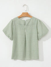 Stripe Textured Round Neck Short Puff Sleeve Blouse