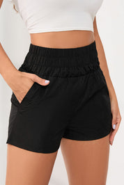 Black Elastic High Waist Side Pockets Shorts