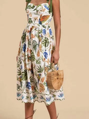 Tropical Print Tie-Shoulder Sweetheart Neck Midi Dress