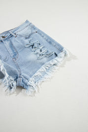 Light Blue Distressed Ripped Raw Hem High Waist Denim Shorts